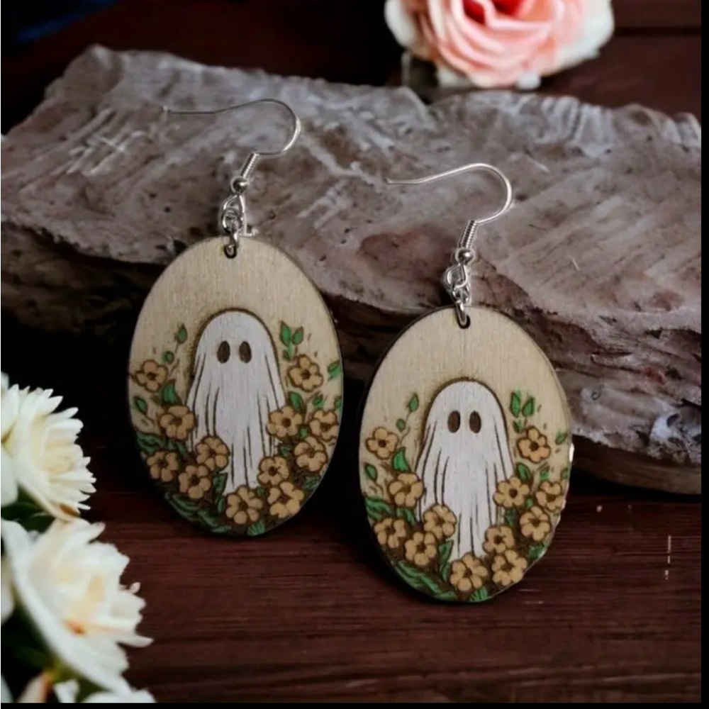 Wooden Ghost in Flowers Earrings
